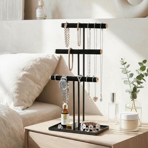 Jewelry Organizer Stand, Necklace Holder with Metal Frame, Jewelry holder stand Tree for Display, Bracelets Earrings and Ring Tray for Women (Black, 3 Tier) in Saudi Arabia