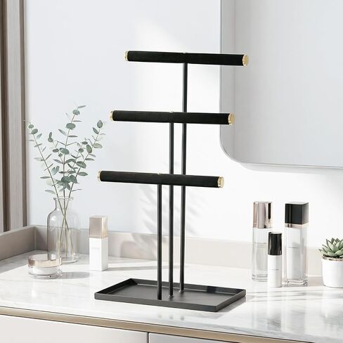 Jewelry Organizer Stand, Necklace Holder with Metal Frame, Jewelry holder stand Tree for Display, Bracelets Earrings and Ring Tray for Women (Black, 3 Tier) in Saudi Arabia