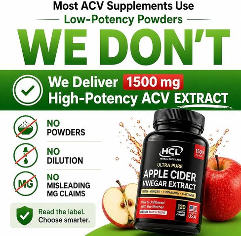 Apple Cider Vinegar Capsules 1500 mg Extract with the Mother - Extra Strength Raw Apple Cider Pills w Ginger Cayenne Cinnamon - Natural Detox Potent Digestion Cleansing System ACV Supplement in Saudi Arabia