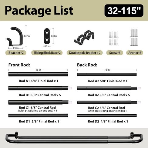 TONIAL Black Double Curtain Rods, Blackout Wrap Around Curtain Rods for Windows 83 to 111 Inches, 6/8 Inches Adjustable Drapery Rod 32 to 115 Inches for Room Darkening Curtains in Saudi Arabia