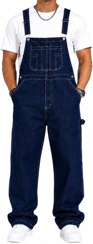 Huang's Mens Denim Bib Overalls Loose Fit Workwear Carpenter Jeans with Adjustable Straps Vintage Utility Jumpsuit Relaxed in Saudi Arabia