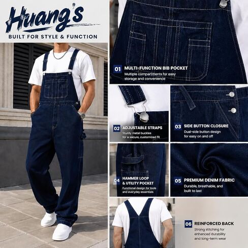 Huang's Mens Denim Bib Overalls Loose Fit Workwear Carpenter Jeans with Adjustable Straps Vintage Utility Jumpsuit Relaxed in Saudi Arabia