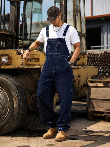 Huang's Mens Denim Bib Overalls Loose Fit Workwear Carpenter Jeans with Adjustable Straps Vintage Utility Jumpsuit Relaxed in Saudi Arabia