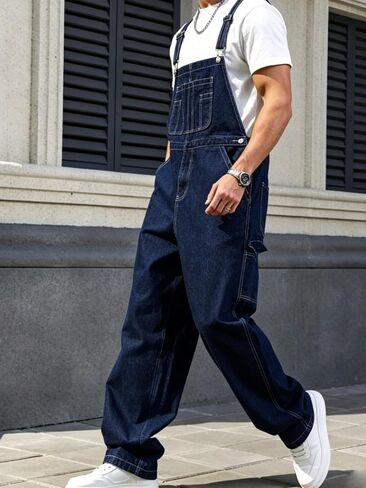 Huang's Mens Denim Bib Overalls Loose Fit Workwear Carpenter Jeans with Adjustable Straps Vintage Utility Jumpsuit Relaxed in Saudi Arabia