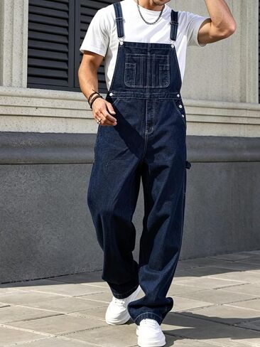 Huang's Mens Denim Bib Overalls Loose Fit Workwear Carpenter Jeans with Adjustable Straps Vintage Utility Jumpsuit Relaxed in Saudi Arabia
