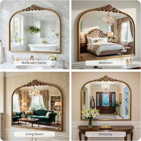 Vintage Baroque Gold Mirror Metal Frame 36x30 Inch, Antique Arched Mantle Retro Oil Rubbed Bronze Ornate Vintage Mirror for Living Room, Fireplace, Entryway, Bathroom in Saudi Arabia
