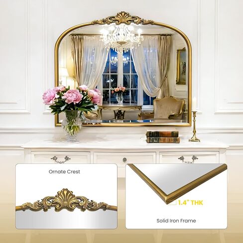 Vintage Baroque Gold Mirror Metal Frame 36x30 Inch, Antique Arched Mantle Retro Oil Rubbed Bronze Ornate Vintage Mirror for Living Room, Fireplace, Entryway, Bathroom in Saudi Arabia
