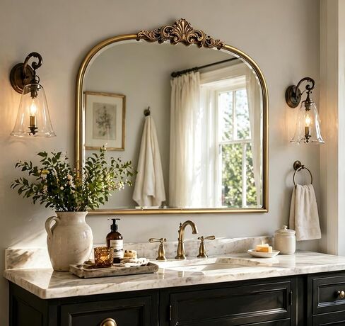Vintage Baroque Gold Mirror Metal Frame 36x30 Inch, Antique Arched Mantle Retro Oil Rubbed Bronze Ornate Vintage Mirror for Living Room, Fireplace, Entryway, Bathroom in Saudi Arabia