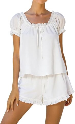 Womens Summer Ruffle Pajamas Sets Fashion Puff Short Sleeves Top and Shorts Cotton 2 Piece Outfits in Saudi Arabia