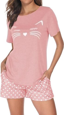 Womens Short sleeve Cotton Pajama Sets Summer Lightweight Loungewear Cute Print Tee and Shorts Sleepwear Pjs Sets in Saudi Arabia