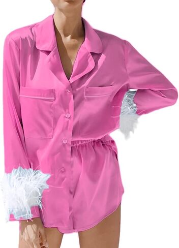 Women Bridal Feather Pajama Set Silk Satin Long Sleeve Pjs Shorts Sleepwear Fur Trim Button Down Top Lounge Sets in Saudi Arabia
