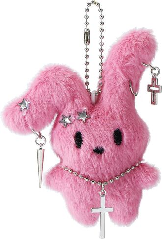 Gothic Punk Bunny Keychain Goth Spike Cross Plush Rabbit Keychain Bag Backpack Charm Grunge Gothic Accessories in Saudi Arabia