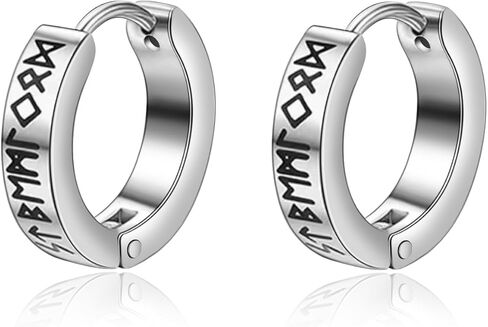 أقراط Lantine Viking Rune Hoop للرجال من الفولاذ المقاوم للصدأ باللون الأسود Huggie Hinged Hoop Norse أقراط الحد الأدنى in Kuwait