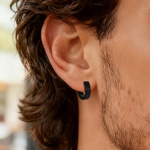أقراط Lantine Viking Rune Hoop للرجال من الفولاذ المقاوم للصدأ باللون الأسود Huggie Hinged Hoop Norse أقراط الحد الأدنى in Kuwait