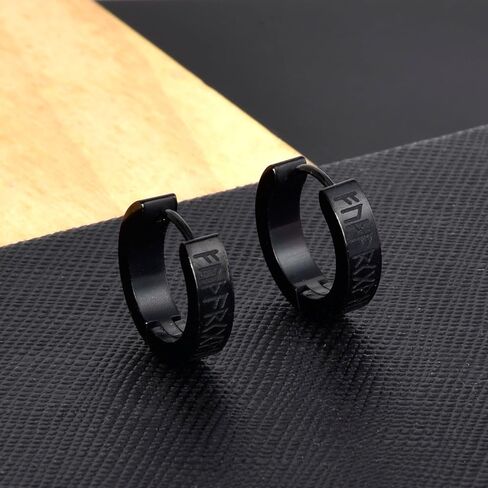 أقراط Lantine Viking Rune Hoop للرجال من الفولاذ المقاوم للصدأ باللون الأسود Huggie Hinged Hoop Norse أقراط الحد الأدنى in Kuwait