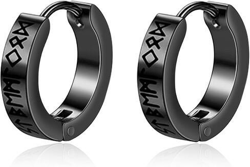 أقراط Lantine Viking Rune Hoop للرجال من الفولاذ المقاوم للصدأ باللون الأسود Huggie Hinged Hoop Norse أقراط الحد الأدنى in Kuwait