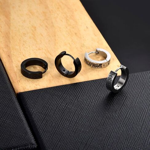 أقراط Lantine Viking Rune Hoop للرجال من الفولاذ المقاوم للصدأ باللون الأسود Huggie Hinged Hoop Norse أقراط الحد الأدنى in Kuwait