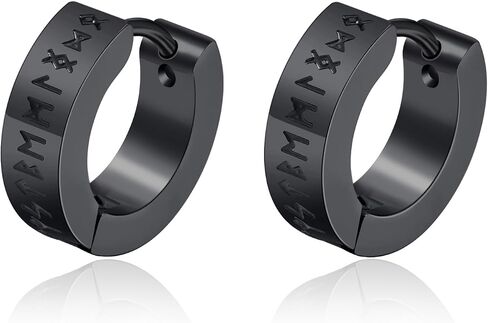 أقراط Lantine Viking Rune Hoop للرجال من الفولاذ المقاوم للصدأ باللون الأسود Huggie Hinged Hoop Norse أقراط الحد الأدنى in Kuwait