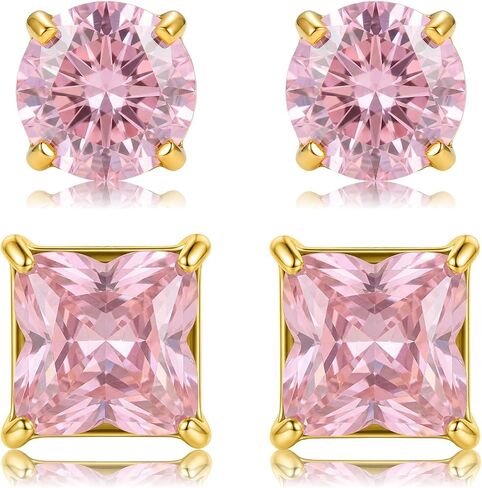 2 Pairs Stainless Steel CZ Stud Earrings for Men Women - Round & Four-Leaf Clover Cubic Zirconia Earrings, Hypoallergenic Studs Jewelry Set for Daily Wear in Saudi Arabia