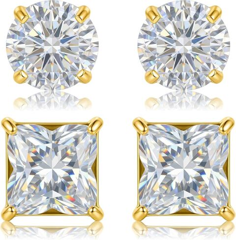 2 Pairs Stainless Steel CZ Stud Earrings for Men Women - Round & Four-Leaf Clover Cubic Zirconia Earrings, Hypoallergenic Studs Jewelry Set for Daily Wear in Saudi Arabia