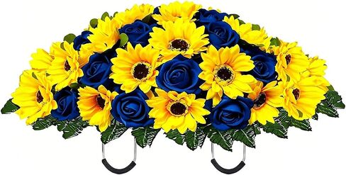 Artificial Summer Autumn Sunflower Cemetery Flowers Outdoor Grave Decorations Saddle Arrangement for Headstone,Outdoor Tombstone Memorial Decorations, Easy Fit (Yellow Red) in Saudi Arabia