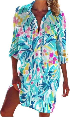 WDIRARA Women's Boho Tropical Button Down Beach Cover Ups Collared 3/4 Sleeve Swim Dress in Kuwait