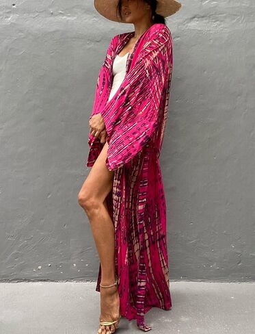 ملابس سباحة نسائية طويلة بغطاء للشاطئ مفتوحة من الأمام وصبغ كيمونو مع أحزمة in Kuwait