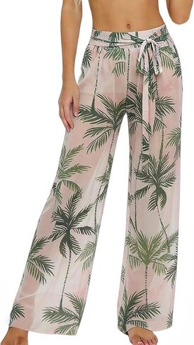 YOCUR Women's Bikini Bottom Cover Up Wide Leg Pants See Through Sheer Mesh Swimsuit Flowy High Waist Printed Beach Pants in Saudi Arabia
