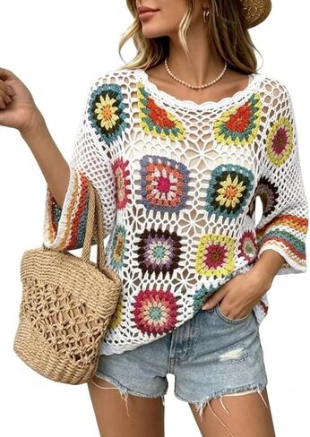 Kinghua Crochet Tops for Women Spring Summer Knit Sweater 3/4 Sleeve Shirt Blouses Beach Coverups Boho Floral Top 70s Outfits in Saudi Arabia