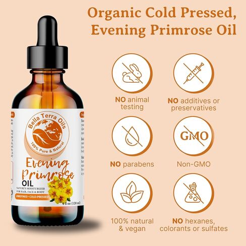 Bella Terra Oils - Organic Evening Primrose Oil 2oz - Celebrating Primrose's Nutrient Legacy, Infused with Vitamin E & Omega-6, Superior Oil Experience for the Skin in Saudi Arabia