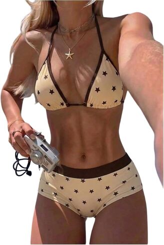 MakeMeChic Women's Halter Bikini Sets Star Print Triangle String Tie Backless Swimsuits in Kuwait