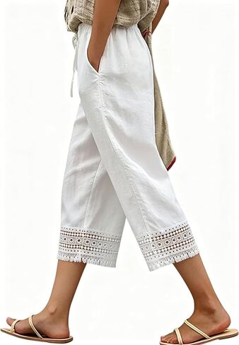Capri Pants for Women Elastic Waist Causal Lightweight Summer Vacation 3/4 Lace Trousers with Pockets in Saudi Arabia