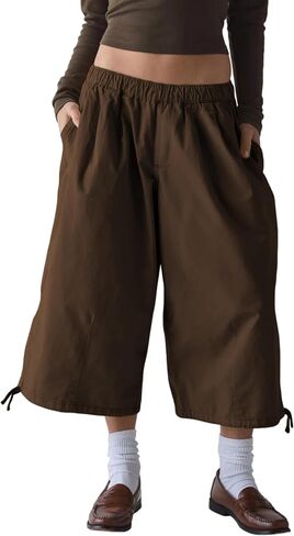 Women's Wide Leg Cargo Capris Pants Elastic Waist Baggy Cropped Pants with Poackets in Kuwait