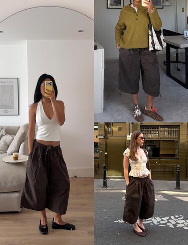 Women's Wide Leg Cargo Capris Pants Elastic Waist Baggy Cropped Pants with Poackets in Kuwait