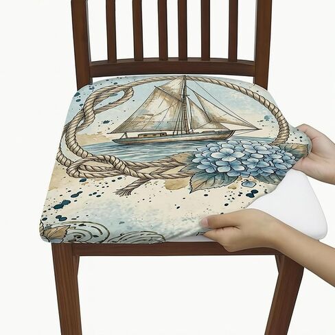 Sailboat Seat Covers for Chairs, Nautical Vintage Rope Hydrangea Summer Blue Spandex Washable Accents Soft Elastic Chair Covers Decor for Kitchen Living Room Party 6pcs in Kuwait