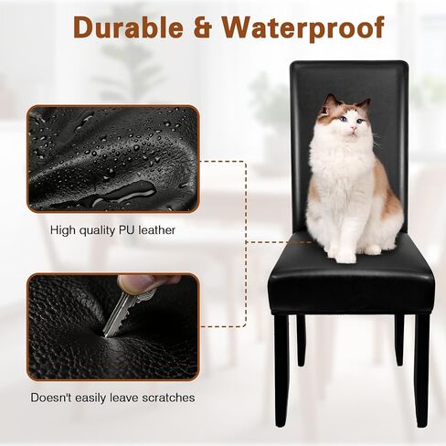 Leather Dining Chairs Covers Set of 4, Stretch Waterproof Kitchen Chair Covers Removable Washable Dining Chair Protector for Living Room Thickened Parsons Chairs Slipcovers(Black, 4 Pcs) in Kuwait