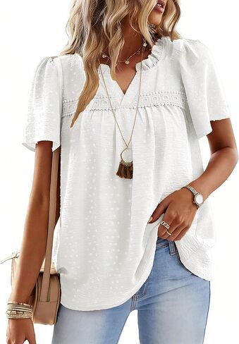 ANCAPELION Womens Summer Tops Short Sleeve V Neck Casual Blouse Flowy Lace Boho Shirts Trendy 2026 in Saudi Arabia