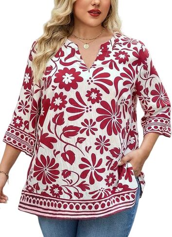 Plus Size Tops 3/4 Sleeve Boho Blouses Dressy Casual V Neck Tunic Loose Fit Floral Peasant Shirts in Saudi Arabia