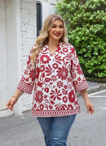 Plus Size Tops 3/4 Sleeve Boho Blouses Dressy Casual V Neck Tunic Loose Fit Floral Peasant Shirts in Saudi Arabia