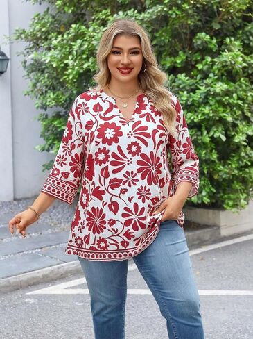 Plus Size Tops 3/4 Sleeve Boho Blouses Dressy Casual V Neck Tunic Loose Fit Floral Peasant Shirts in Saudi Arabia