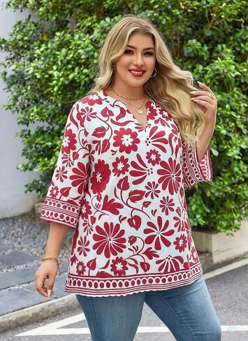 Plus Size Tops 3/4 Sleeve Boho Blouses Dressy Casual V Neck Tunic Loose Fit Floral Peasant Shirts in Saudi Arabia