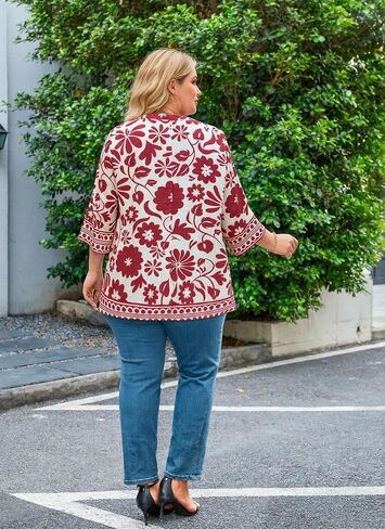 Plus Size Tops 3/4 Sleeve Boho Blouses Dressy Casual V Neck Tunic Loose Fit Floral Peasant Shirts in Saudi Arabia