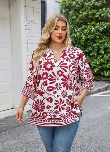 Plus Size Tops 3/4 Sleeve Boho Blouses Dressy Casual V Neck Tunic Loose Fit Floral Peasant Shirts in Saudi Arabia