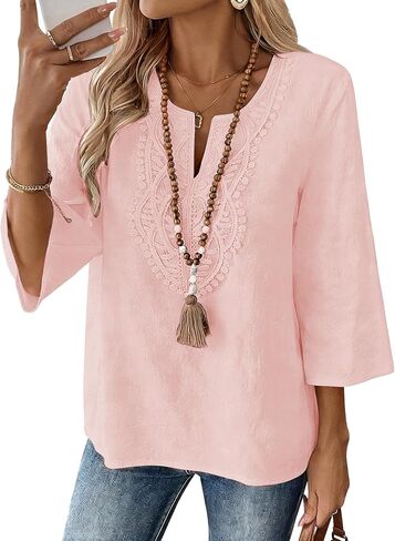 Womens Cotton Linen Tops 3/4 Sleeve V Neck Lace Casual Travel Loose Summer Boho Shirts in Saudi Arabia