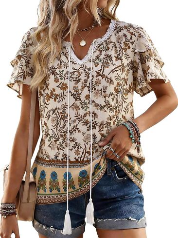 Womens Summer Boho Tops Short Sleeve Peplum Blouses V Neck Bohemian Shirt Tie Front Tunic Vacation Clothes in Saudi Arabia