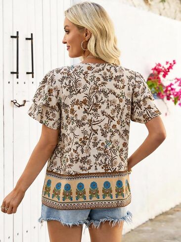 Womens Summer Boho Tops Short Sleeve Peplum Blouses V Neck Bohemian Shirt Tie Front Tunic Vacation Clothes in Saudi Arabia