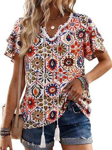 Womens Summer Boho Tops Short Sleeve Peplum Blouses V Neck Bohemian Shirt Tie Front Tunic Vacation Clothes in Saudi Arabia