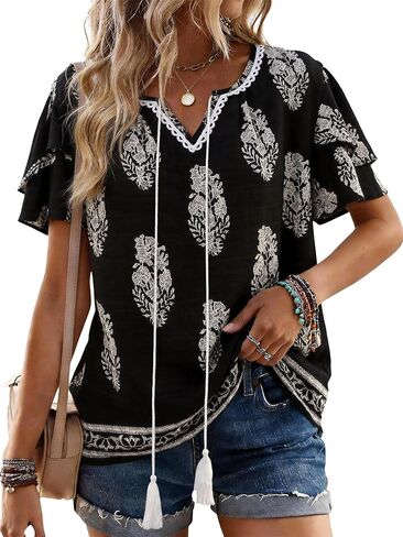 Womens Summer Boho Tops Short Sleeve Peplum Blouses V Neck Bohemian Shirt Tie Front Tunic Vacation Clothes in Saudi Arabia