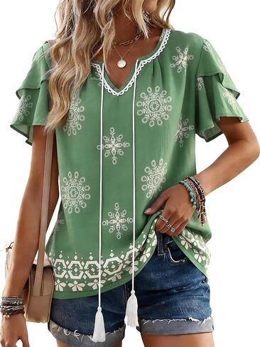Womens Summer Boho Tops Short Sleeve Peplum Blouses V Neck Bohemian Shirt Tie Front Tunic Vacation Clothes in Saudi Arabia