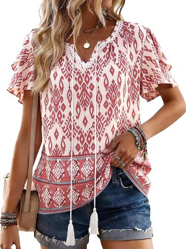 Womens Summer Boho Tops Short Sleeve Peplum Blouses V Neck Bohemian Shirt Tie Front Tunic Vacation Clothes in Saudi Arabia